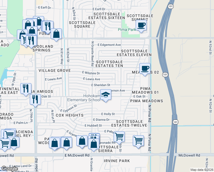 map of restaurants, bars, coffee shops, grocery stores, and more near 8444 East Vernon Avenue in Scottsdale