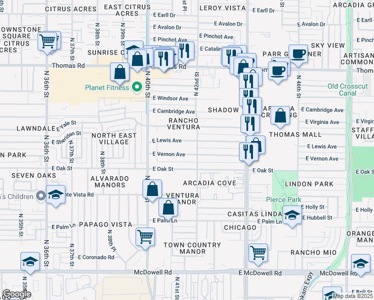 map of restaurants, bars, coffee shops, grocery stores, and more near 4141 East Vernon Avenue in Phoenix