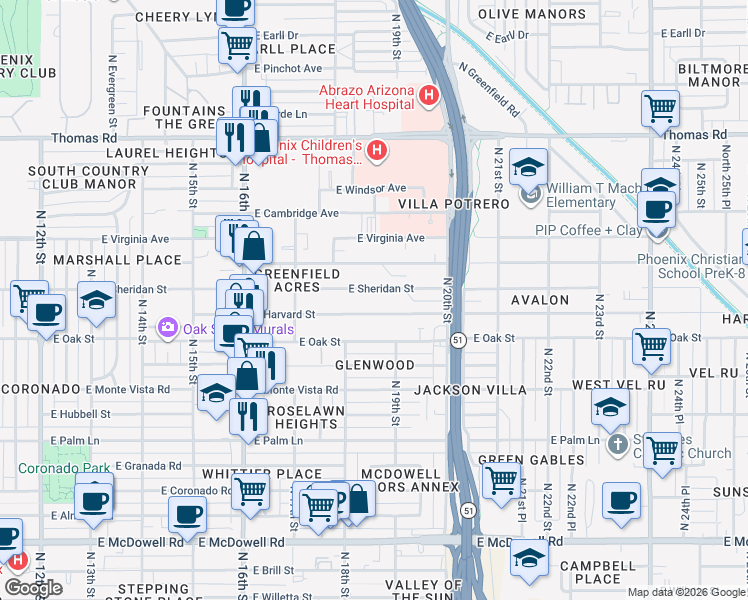 map of restaurants, bars, coffee shops, grocery stores, and more near 1822 East Harvard Street in Phoenix