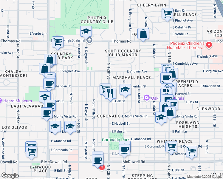 map of restaurants, bars, coffee shops, grocery stores, and more near 2325 North 12th Street in Phoenix