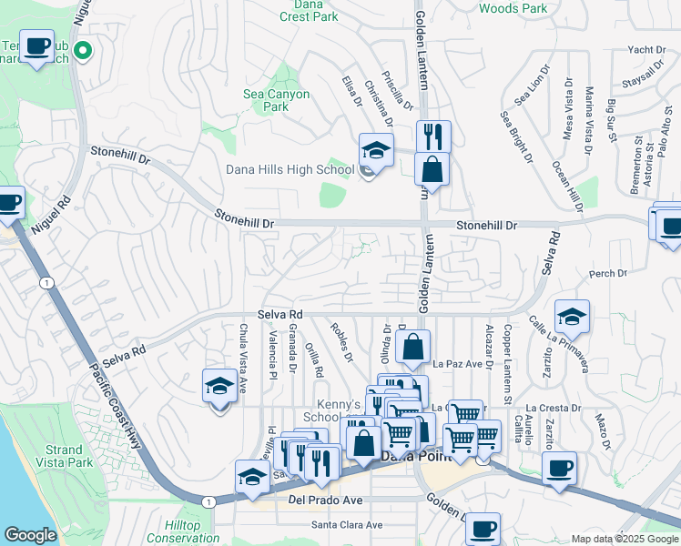 map of restaurants, bars, coffee shops, grocery stores, and more near 24526 Sand Piper Lane in Dana Point