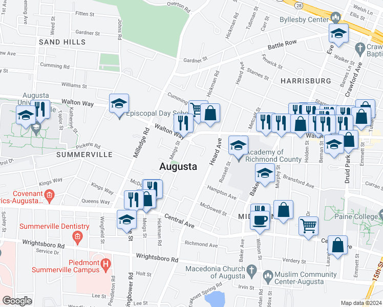 map of restaurants, bars, coffee shops, grocery stores, and more near 958 Hickman Road in Augusta