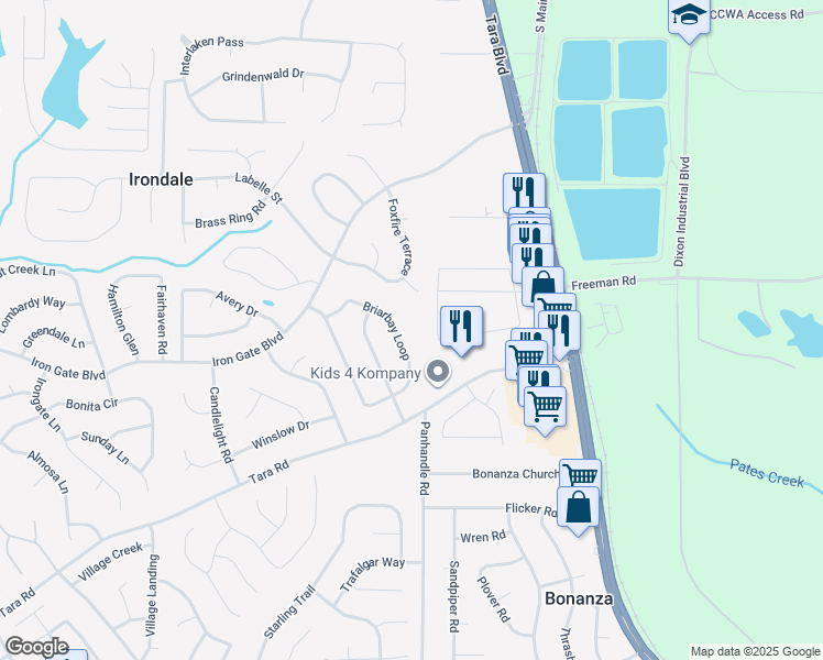 map of restaurants, bars, coffee shops, grocery stores, and more near 10312 Briarbay Loop in Jonesboro