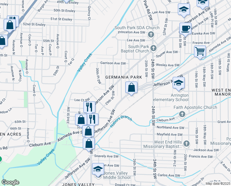 map of restaurants, bars, coffee shops, grocery stores, and more near 836 29th Street Southwest in Birmingham