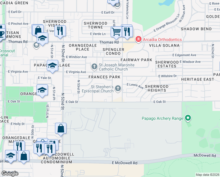 map of restaurants, bars, coffee shops, grocery stores, and more near 5456 East Vernon Avenue in Phoenix
