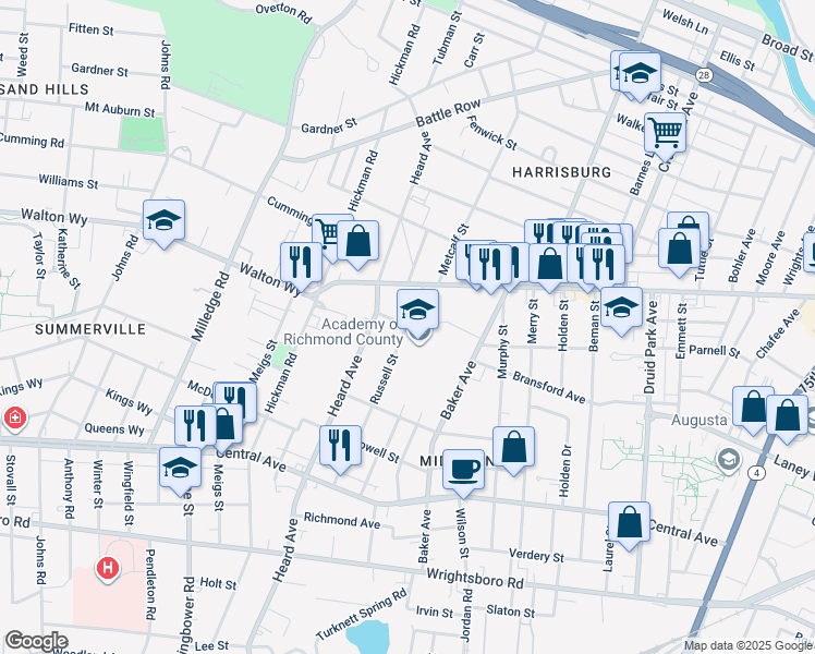 map of restaurants, bars, coffee shops, grocery stores, and more near 910 Russell Street in Augusta