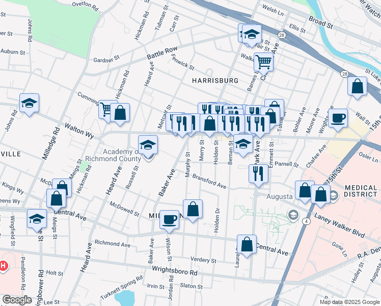 map of restaurants, bars, coffee shops, grocery stores, and more near 936 Murphy Street in Augusta