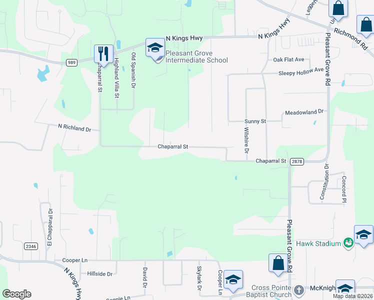map of restaurants, bars, coffee shops, grocery stores, and more near 6501 Chaparral Street in Texarkana