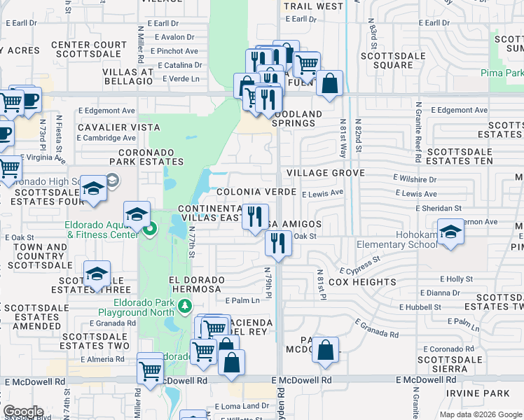 map of restaurants, bars, coffee shops, grocery stores, and more near 2322 North Hayden Road in Scottsdale