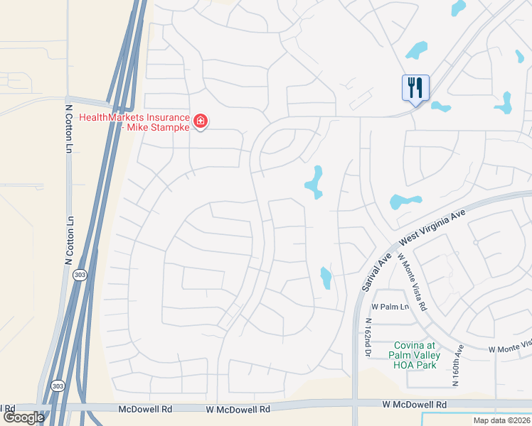 map of restaurants, bars, coffee shops, grocery stores, and more near 2532 North 165th Drive in Goodyear
