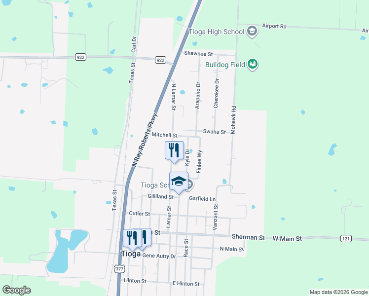 map of restaurants, bars, coffee shops, grocery stores, and more near 609 North Lamar Street in Tioga
