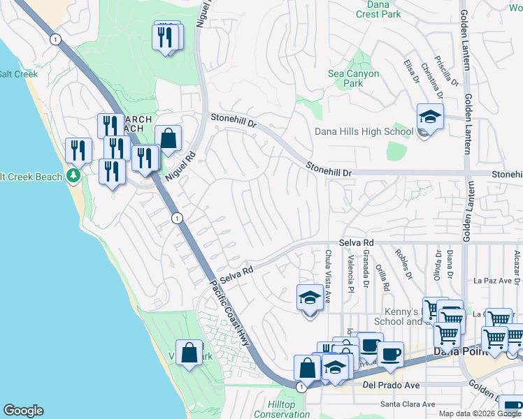 map of restaurants, bars, coffee shops, grocery stores, and more near 33635 Capstan Drive in Dana Point
