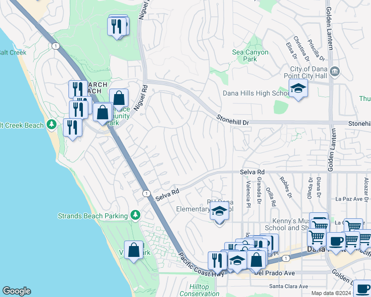 map of restaurants, bars, coffee shops, grocery stores, and more near 33635 Capstan Drive in Dana Point