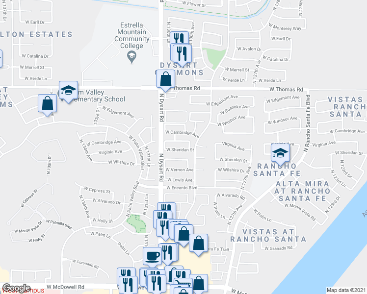 map of restaurants, bars, coffee shops, grocery stores, and more near 12872 West Sheridan Street in Avondale