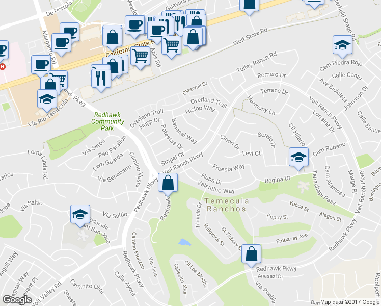 map of restaurants, bars, coffee shops, grocery stores, and more near 32599 Strigel Court in Temecula