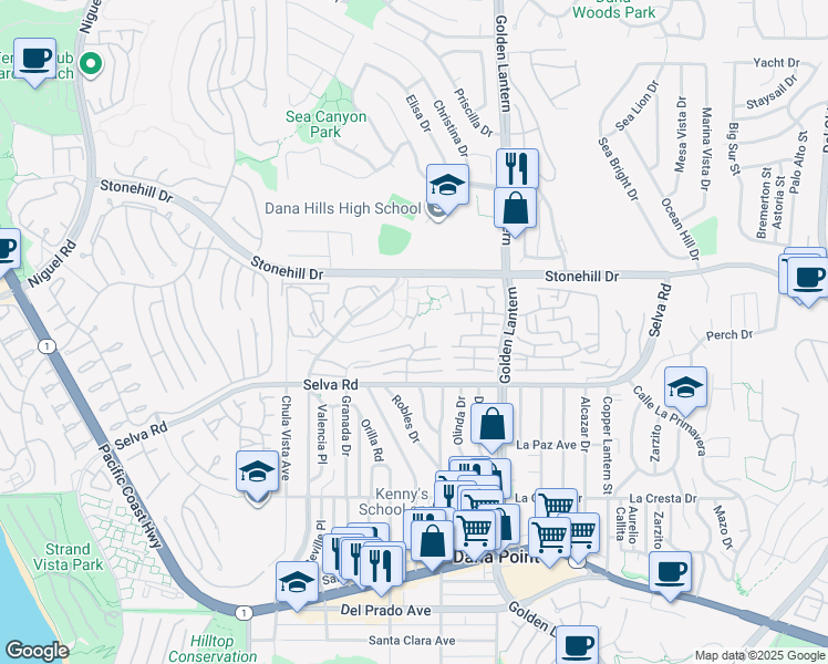 map of restaurants, bars, coffee shops, grocery stores, and more near 33622 Dana Vista Drive in Dana Point
