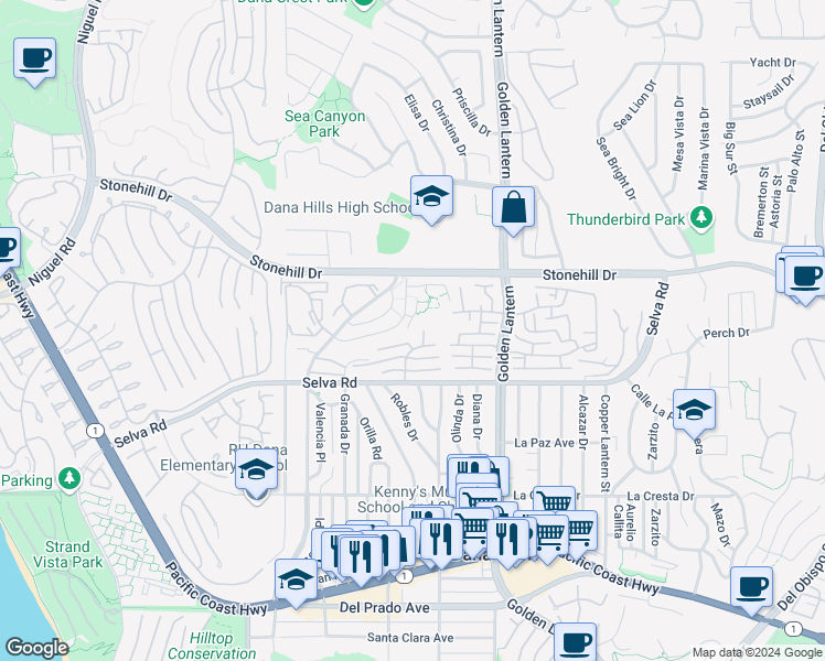 map of restaurants, bars, coffee shops, grocery stores, and more near 33622 Dana Vista Drive in Dana Point