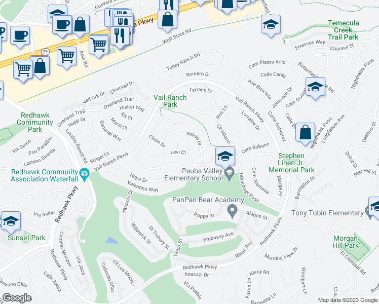 map of restaurants, bars, coffee shops, grocery stores, and more near 32998 Levi Court in Temecula