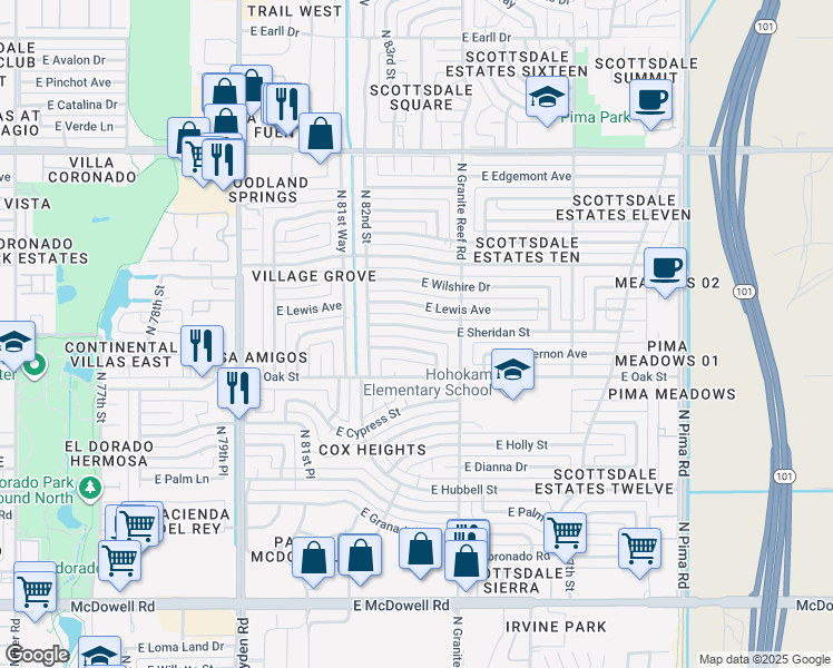 map of restaurants, bars, coffee shops, grocery stores, and more near 8301 East Sheridan Street in Scottsdale