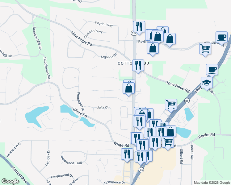 map of restaurants, bars, coffee shops, grocery stores, and more near 125 Biltmore Drive in Fayetteville