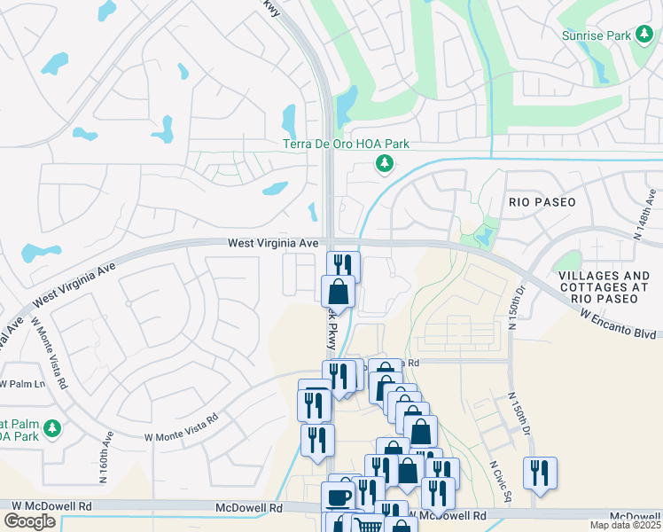 map of restaurants, bars, coffee shops, grocery stores, and more near 1831 North Pebble Creek Parkway in Goodyear