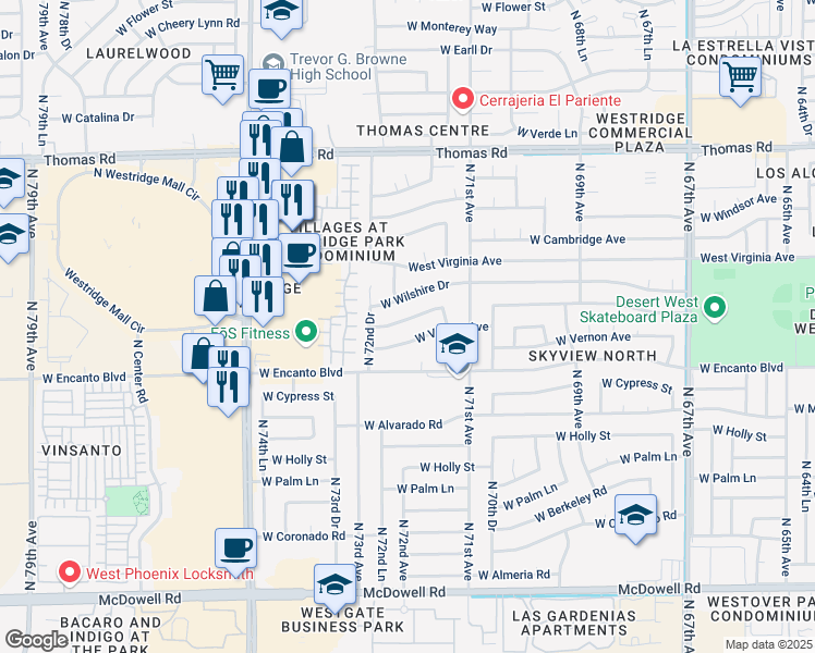 map of restaurants, bars, coffee shops, grocery stores, and more near 7208 West Vernon Avenue in Phoenix