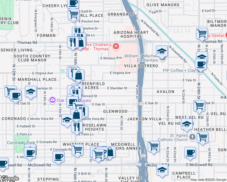 map of restaurants, bars, coffee shops, grocery stores, and more near 1819 East Sheridan Street in Phoenix