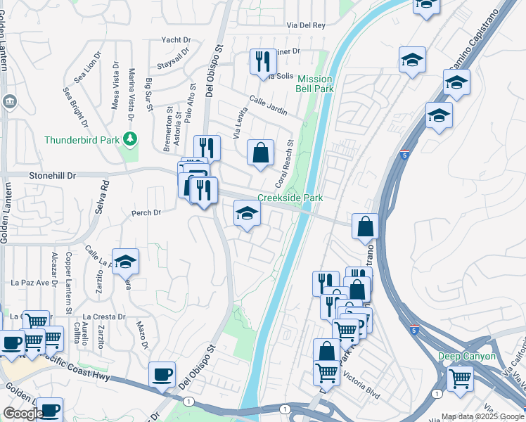 map of restaurants, bars, coffee shops, grocery stores, and more near 33626 Tidewater Drive in Dana Point