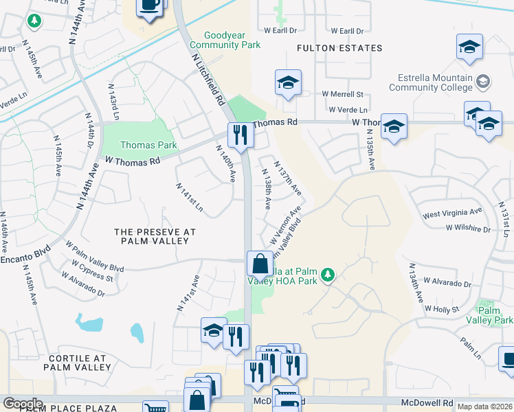 map of restaurants, bars, coffee shops, grocery stores, and more near 13879 West Cambridge Avenue in Goodyear