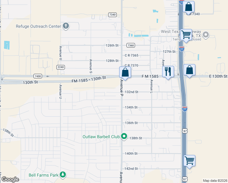 map of restaurants, bars, coffee shops, grocery stores, and more near 13200-13314 C R 2300 in Lubbock