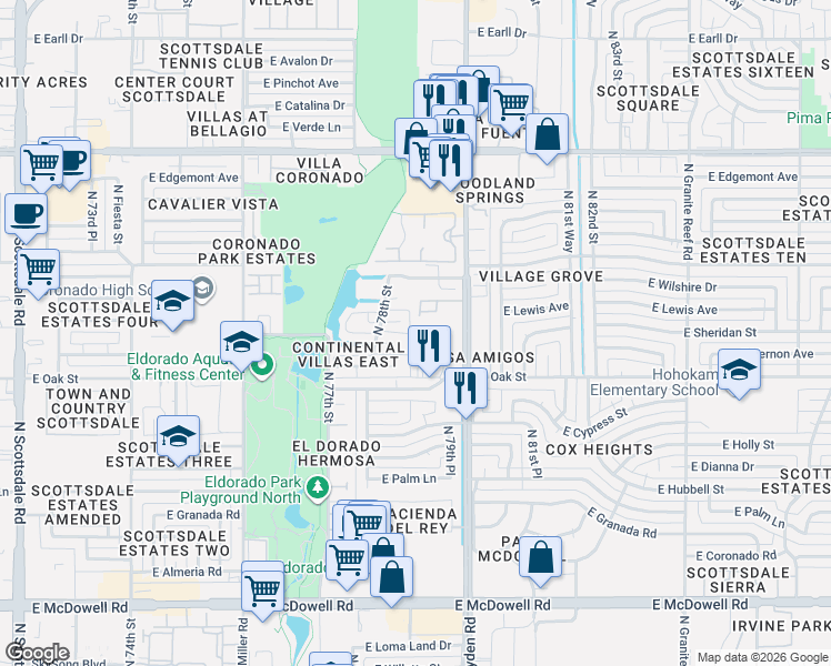 map of restaurants, bars, coffee shops, grocery stores, and more near 2322 North Hayden Road in Scottsdale