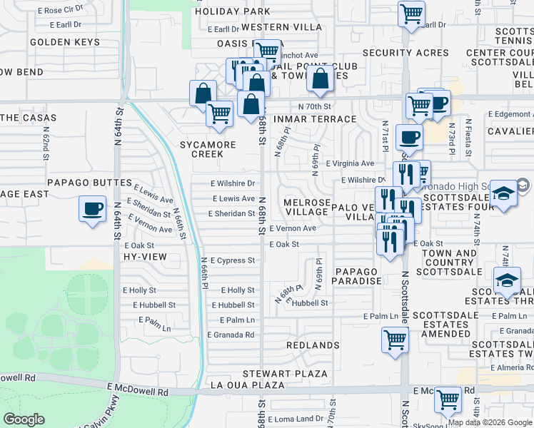 map of restaurants, bars, coffee shops, grocery stores, and more near 2401 North 68th Street in Scottsdale