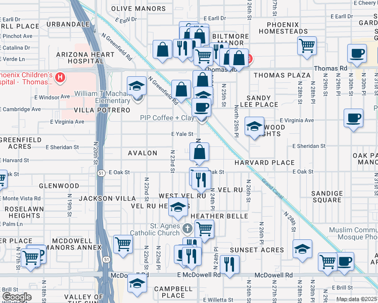 map of restaurants, bars, coffee shops, grocery stores, and more near 2402 North 24th Street in Phoenix