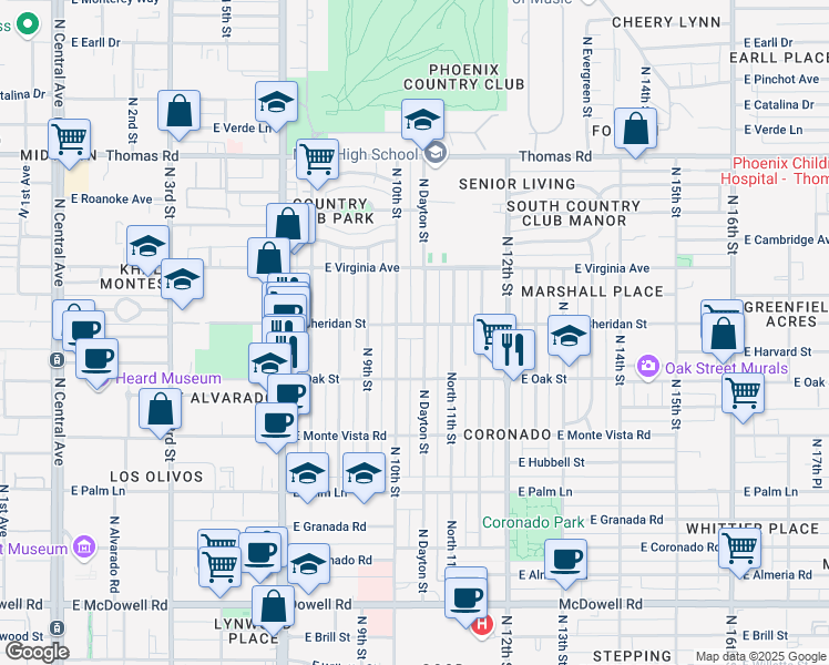 map of restaurants, bars, coffee shops, grocery stores, and more near 2329 North 10th Street in Phoenix