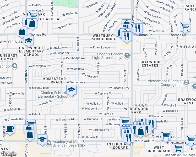 map of restaurants, bars, coffee shops, grocery stores, and more near 5324 West Vernon Avenue in Phoenix