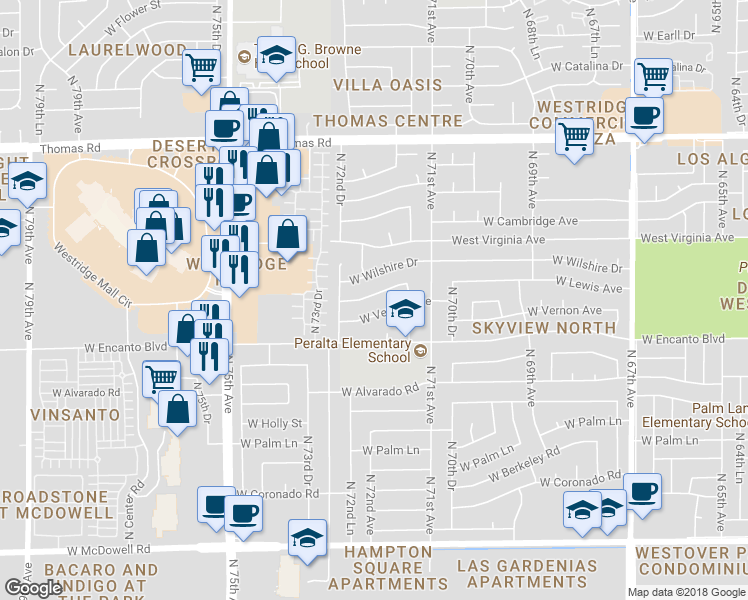 map of restaurants, bars, coffee shops, grocery stores, and more near 7208 West Vernon Avenue in Phoenix