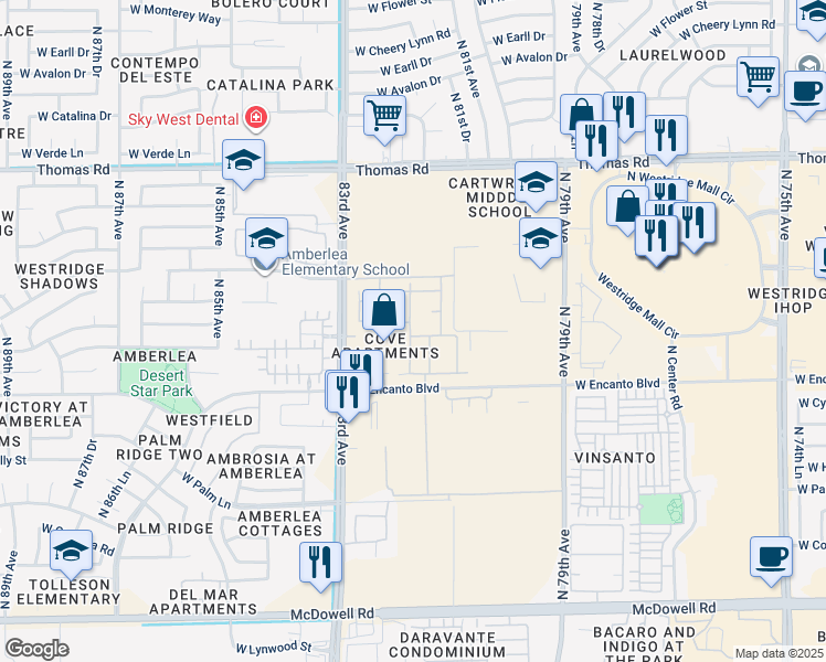 map of restaurants, bars, coffee shops, grocery stores, and more near 2545 North 83rd Avenue in Phoenix