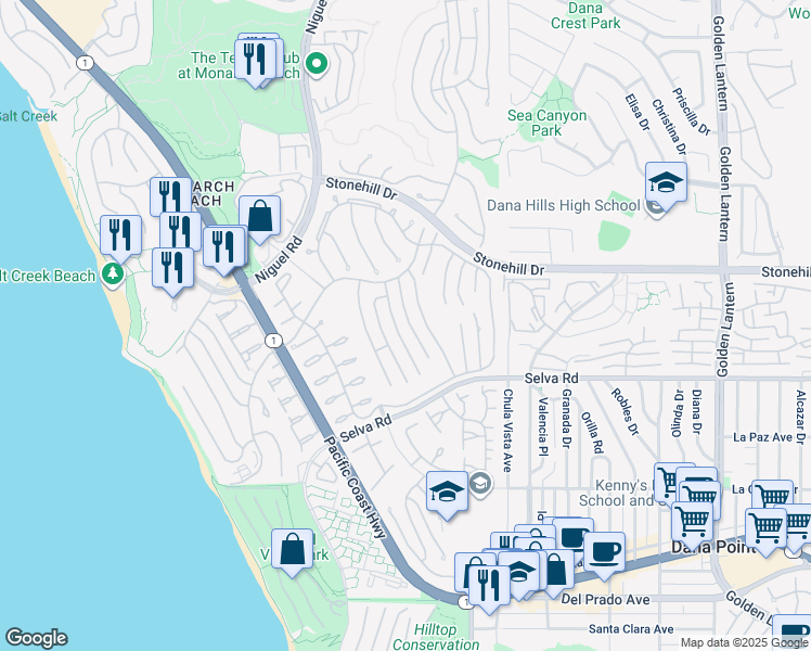 map of restaurants, bars, coffee shops, grocery stores, and more near 33671 Brigantine Drive in Dana Point