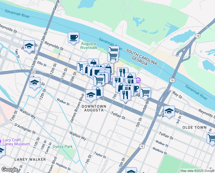 map of restaurants, bars, coffee shops, grocery stores, and more near 705 Ellis Street in Augusta