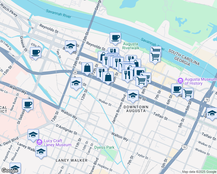 map of restaurants, bars, coffee shops, grocery stores, and more near 942 Greene Street in Augusta