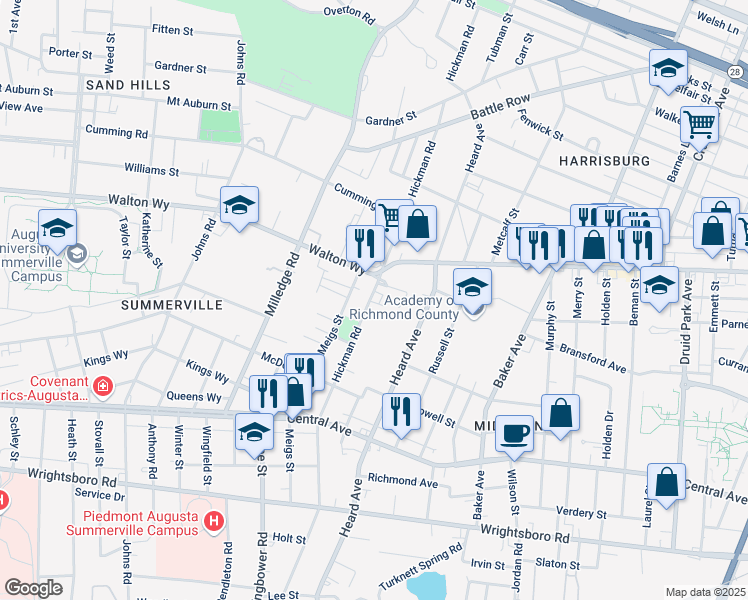 map of restaurants, bars, coffee shops, grocery stores, and more near 958 Hickman Road in Augusta
