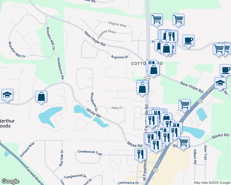 map of restaurants, bars, coffee shops, grocery stores, and more near 180 Winecoff Drive in Fayetteville