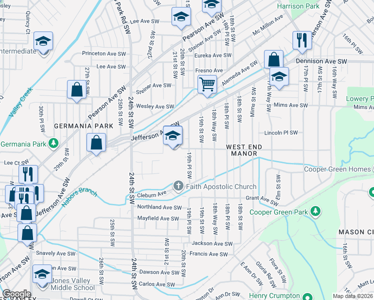 map of restaurants, bars, coffee shops, grocery stores, and more near 1416 19th Place Southwest in Birmingham