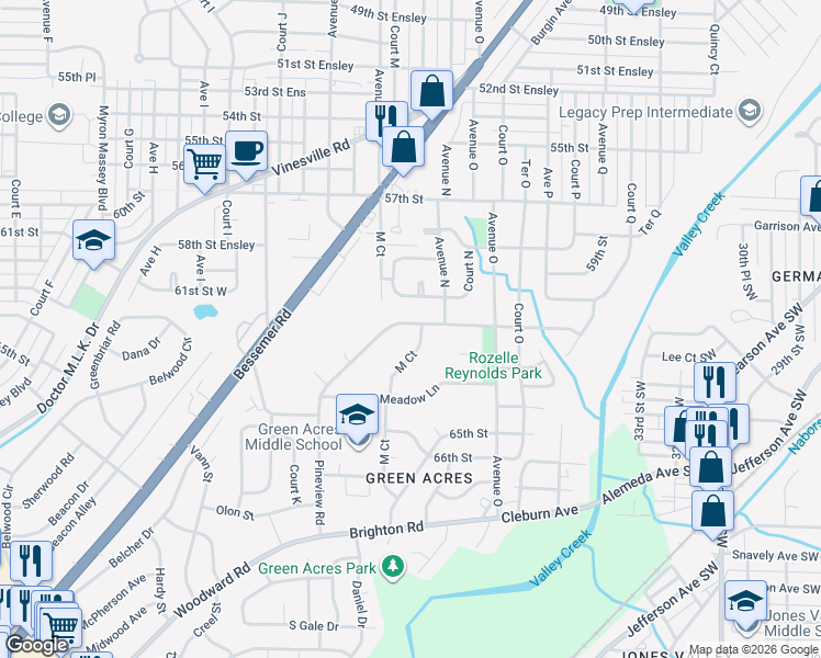 map of restaurants, bars, coffee shops, grocery stores, and more near 6118 Court M in Birmingham