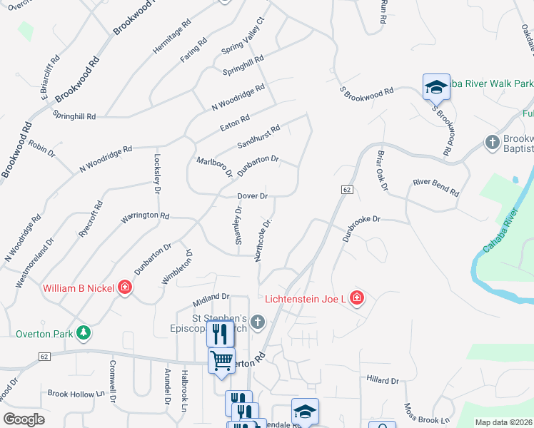 map of restaurants, bars, coffee shops, grocery stores, and more near 3649 Northcote Drive in Birmingham