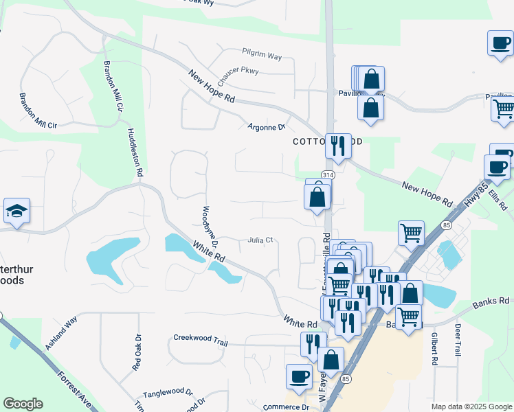 map of restaurants, bars, coffee shops, grocery stores, and more near 180 Winecoff Drive in Fayetteville