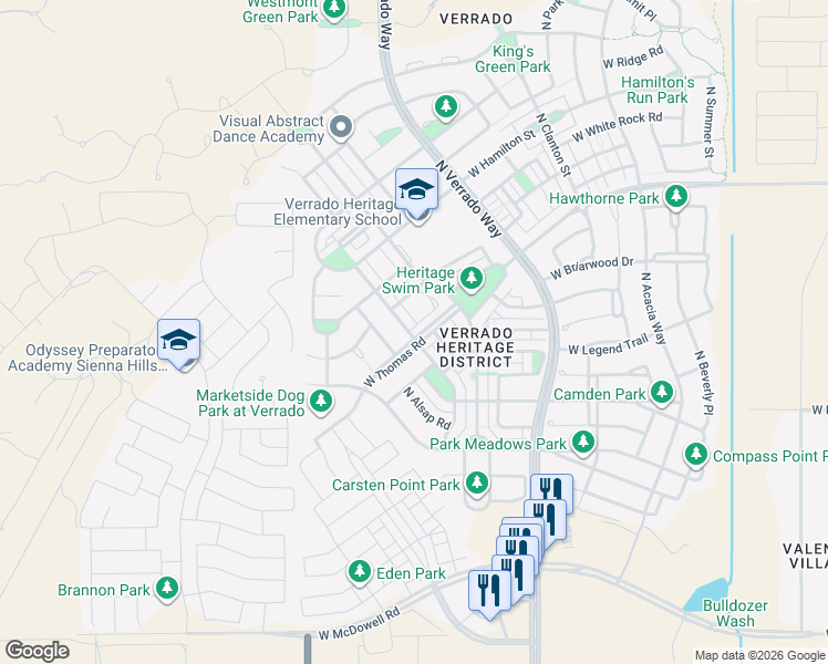 map of restaurants, bars, coffee shops, grocery stores, and more near 20917 West Thomas Road in Buckeye