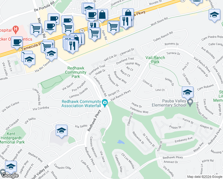 map of restaurants, bars, coffee shops, grocery stores, and more near 32497 Cervin Circle in Temecula