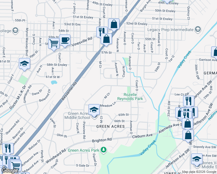 map of restaurants, bars, coffee shops, grocery stores, and more near 6118 Court M in Birmingham
