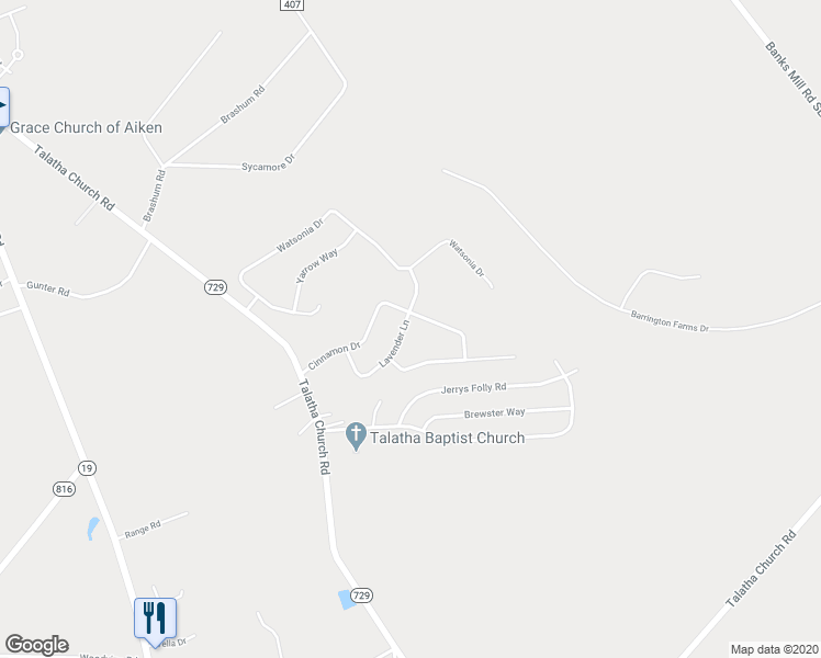 map of restaurants, bars, coffee shops, grocery stores, and more near 2122 Lavender Lane in Aiken